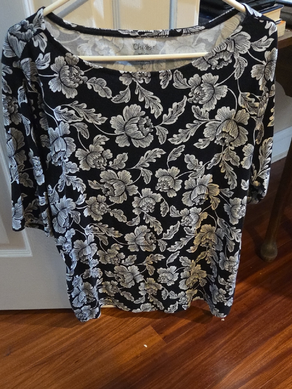 Chico's Black and White Floral Boatneck Tunic